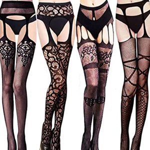 VERO MONTE Black Patterned Fishnet Tights Fishnets Stockings With Garter Belts